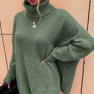 Mint Green Casual womens High Neck Batwing Sleeve Sweater